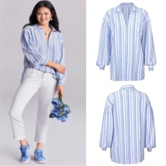 CAbi #5894 Blue Striped Linen Blend Pacific Tunic Blouse XS - Picture 1 of 9